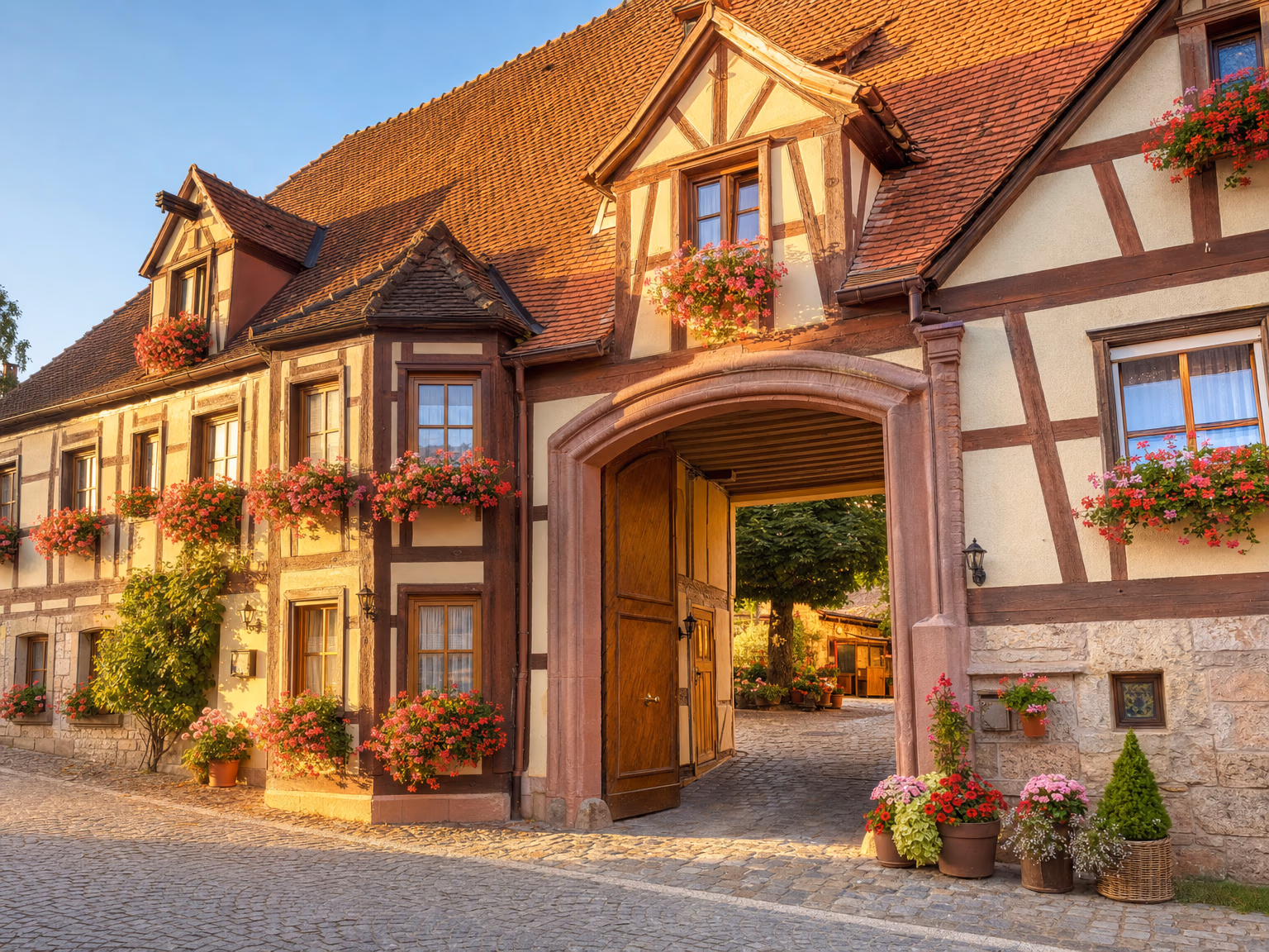 Historisches Fachwerkhaus des Ochsen in Tamm mit blühenden Geranien in der Nachmittagssonne